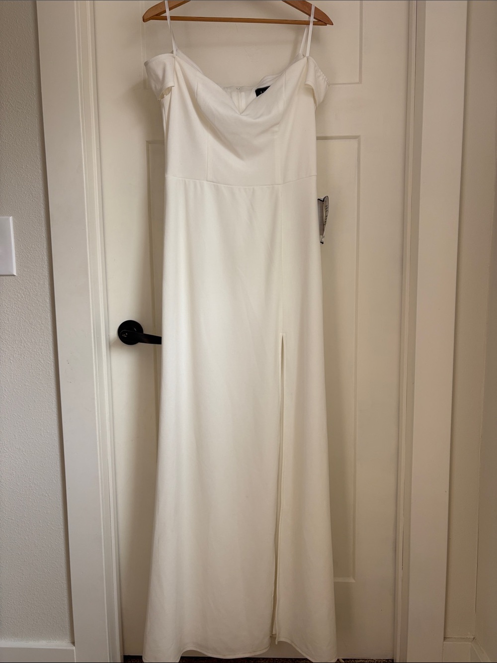 B Darlin White Off-Shoulder Maxi Dress with Slit